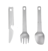 Titanium travel fork set featuring a lightweight and durable fork, knife, and spoon. Perfect for camping, travel, and outdoor dining.