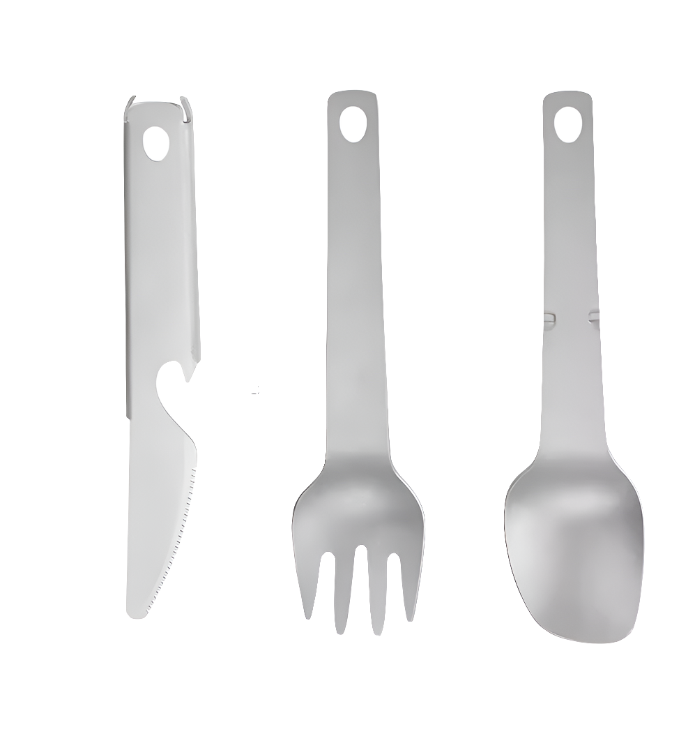 Titanium travel fork set featuring a lightweight and durable fork, knife, and spoon. Perfect for camping, travel, and outdoor dining.