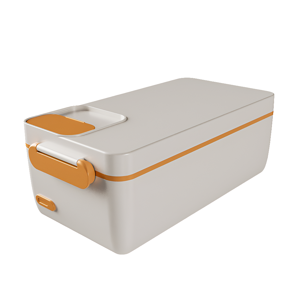 Smart Lunchbox Lite with wireless heating and USB-C charging. Compact 1L capacity, ideal for hot meals on the go. Sleek white design with orange accents.