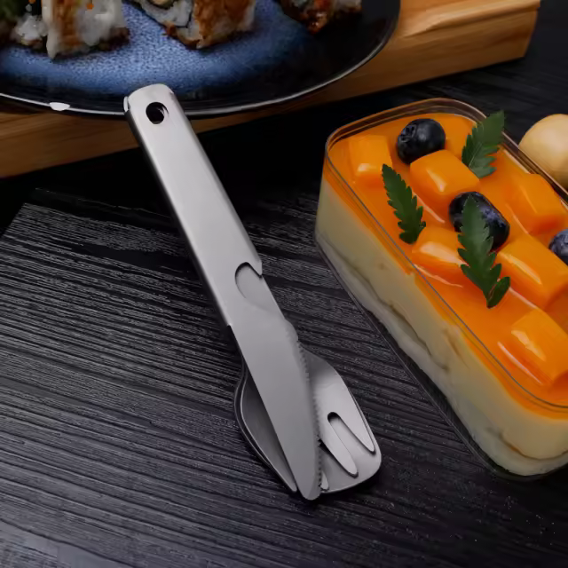 Titanium travel fork set featuring a lightweight, durable fork, knife, and spoon. Perfect for camping, travel, and outdoor dining convenience.